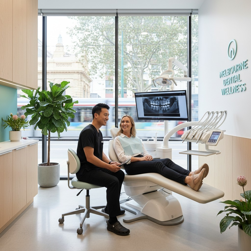 A modern dental clinic interior in Melbourne, featuring a dentist consulting with an Australian patient. The scene is bright and welcoming, with natural light filtering through large windows that subtly hint at a vibrant urban Australian backdrop. The focus is on a professional, trustworthy interaction, showcasing the human element of dental care in a contemporary Australian setting.