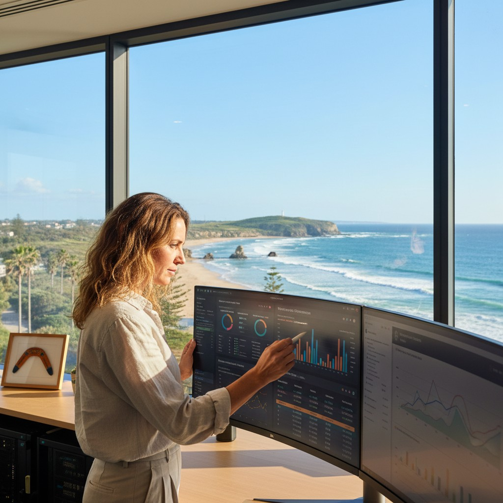 A realistic, high-quality photograph of a focused Australian digital marketer, a person in their 30s-40s, reviewing complex SEO analytics on a large monitor in a modern, sunlit office. In the background, through a panoramic window, a beautiful, iconic Australian coastal landscape with clear blue water and golden sands is visible, symbolizing business success and a desirable lifestyle. The image should convey professionalism, data-driven insight, and a distinctly Australian context.