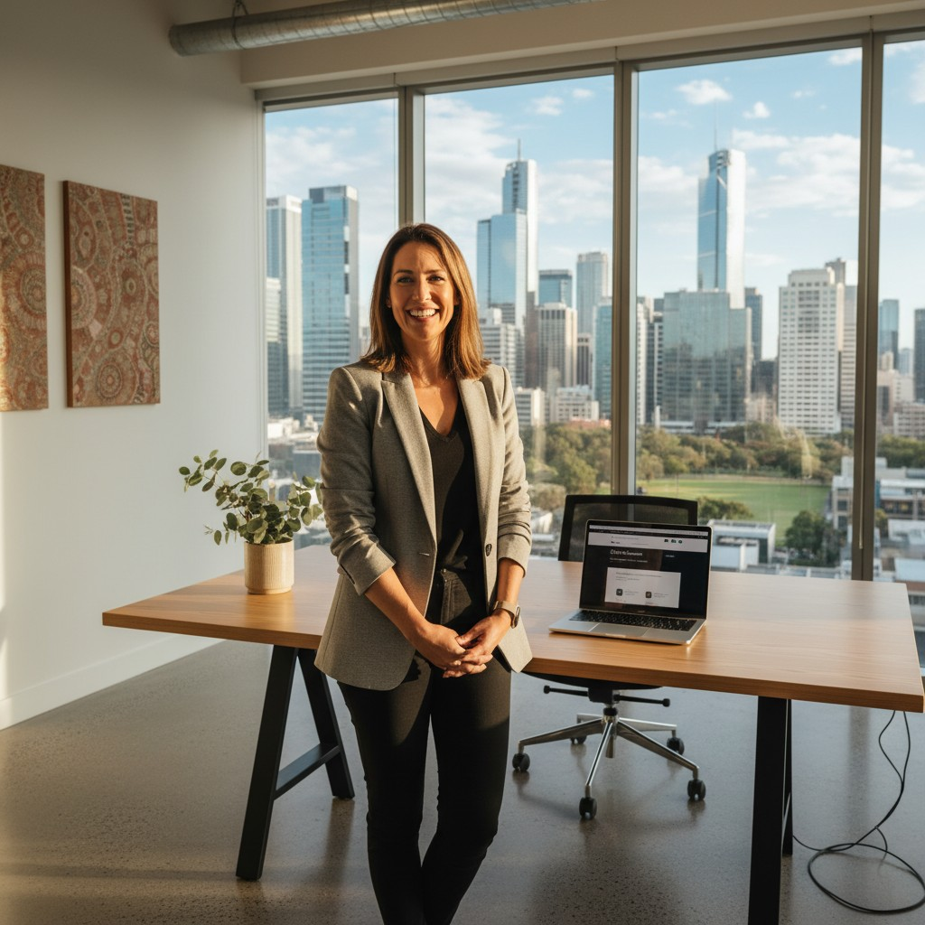 Realistic, high-quality photograph of a modern, diverse Australian e-commerce business owner confidently reviewing sales data on a tablet while standing on a balcony overlooking a vibrant, sunny Sydney cityscape or a natural Australian beach landscape. The focus is on achievement and digital growth in an Australian context. Natural lighting, shallow depth of field, no text overlays.