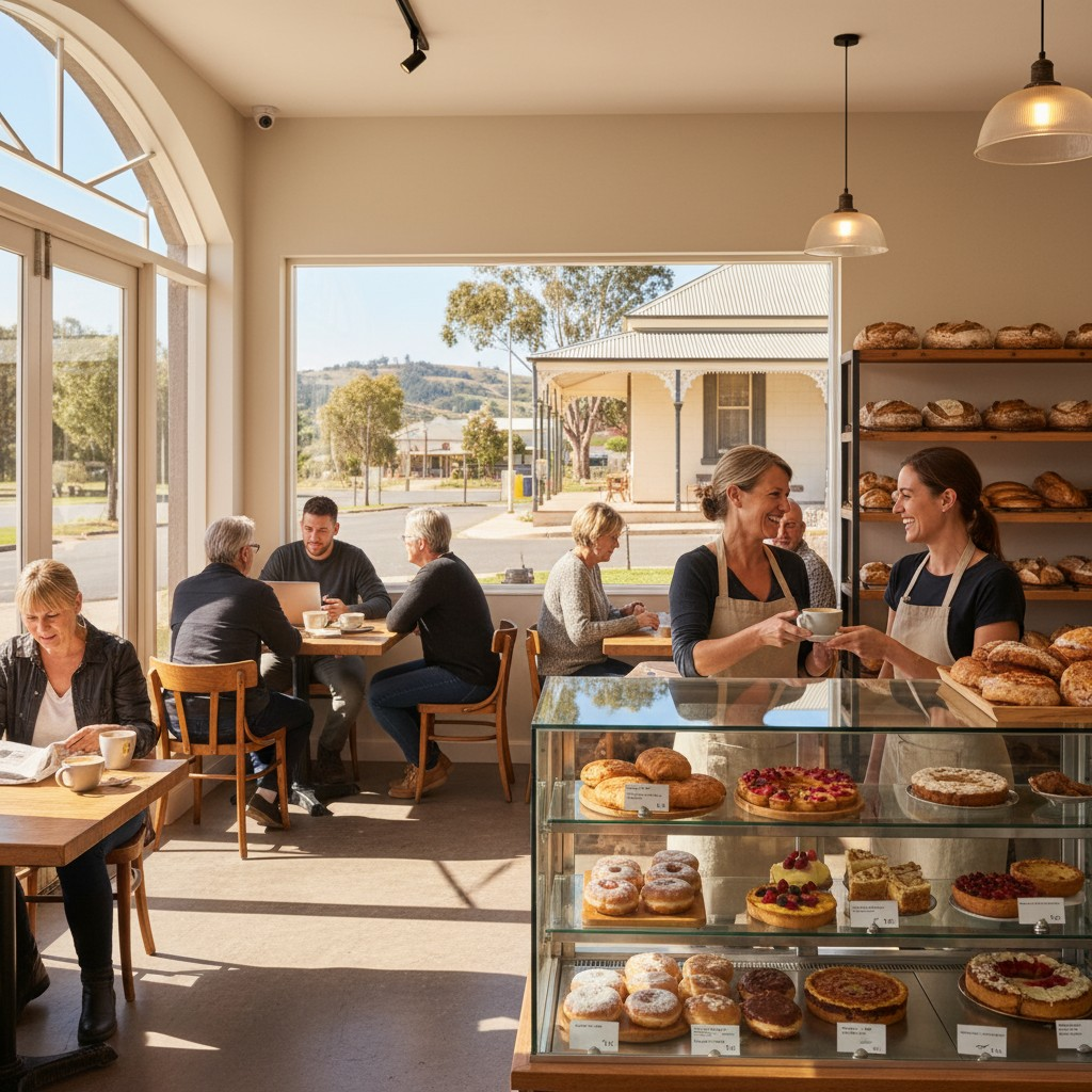 A realistic, high-quality photograph of a bustling, modern cafe or artisan bakery in a picturesque regional Australian town. Sunlight streams into the shop, illuminating fresh produce or baked goods on display. Patrons (diverse age range, casually dressed) are enjoying coffee and conversation, with a friendly shop owner interacting in the foreground. The background features a subtle hint of classic Australian architecture or natural landscape, conveying a sense of community and local charm. No text.