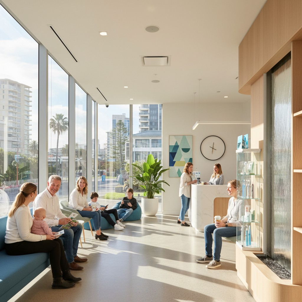 A vibrant, modern dental practice reception area in a sunny Australian city, with a diverse group of happy patients (various ages, natural poses) interacting or waiting comfortably, subtly hinting at a thriving business. The light should be bright and natural, reflecting the Australian environment outside. Focus on realistic, high-quality photography, no text.