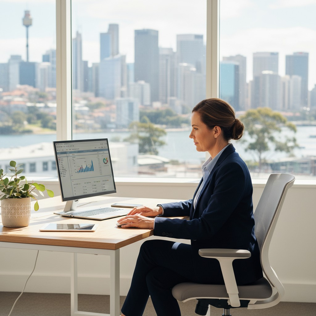 A modern, professional Australian accountant looking confidently at a laptop screen in a bright, contemporary office setting. Through the window, a subtle, sunlit Australian city skyline or a natural Australian bushland backdrop is visible. The scene conveys competence, technology integration, and success, presented as a realistic, high-quality photograph with natural lighting.