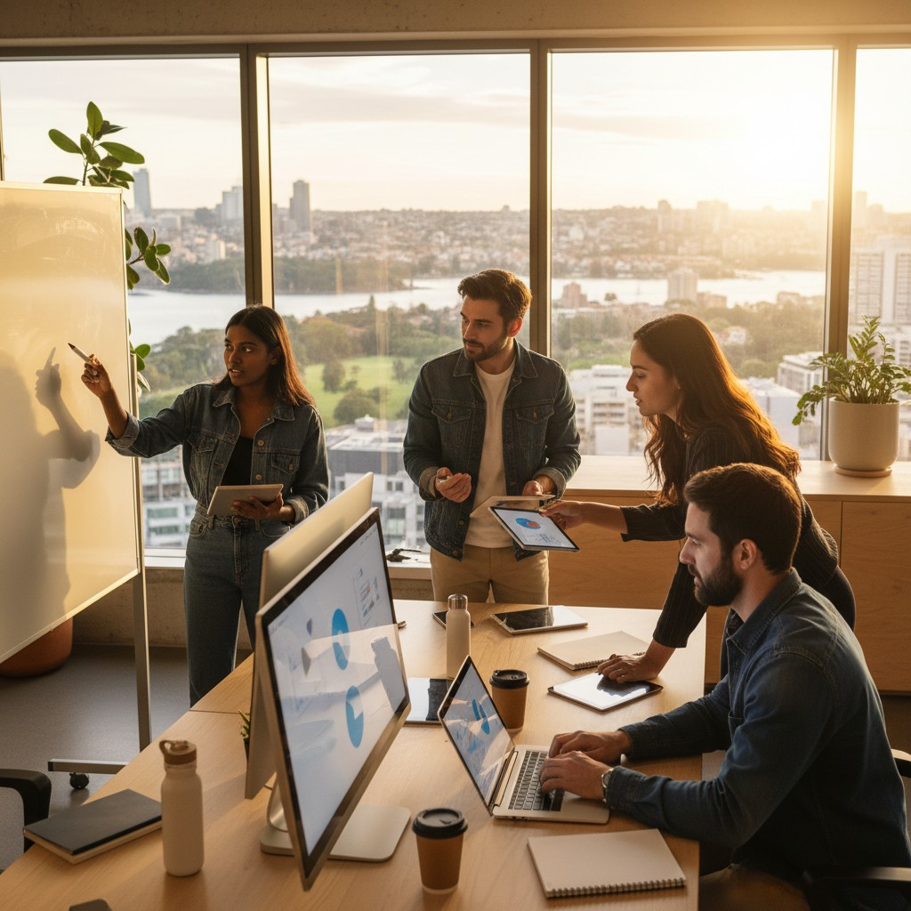 A realistic, high-quality photograph of a young, diverse group of Australian startup founders collaborating in a modern, open-plan office bathed in warm natural light, with a large window showcasing a vibrant, green cityscape, perhaps a view of Sydney Harbour or Melbourne's Yarra River, in the background. They are gathered around a whiteboard brainstorming with digital devices open, conveying innovation and teamwork in an Australian business setting. Avoid any visible text on screens or whiteboards.