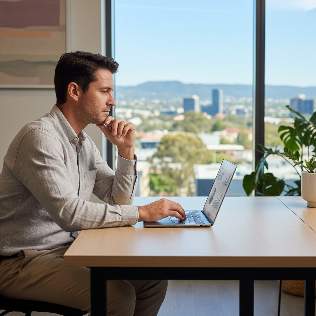 A thoughtful Australian small business owner, dressed in smart casual attire, sitting at a modern desk with a laptop open. The background subtly features a sunlit, contemporary office space with large windows overlooking a quintessential Australian city skyline or a natural landscape (e.g., gum trees, distant hills), suggesting local focus and strategic thinking. The laptop screen shows blurred graphs or data, emphasizing analysis without legible text. Realistic, high-quality photograph with natural lighting.