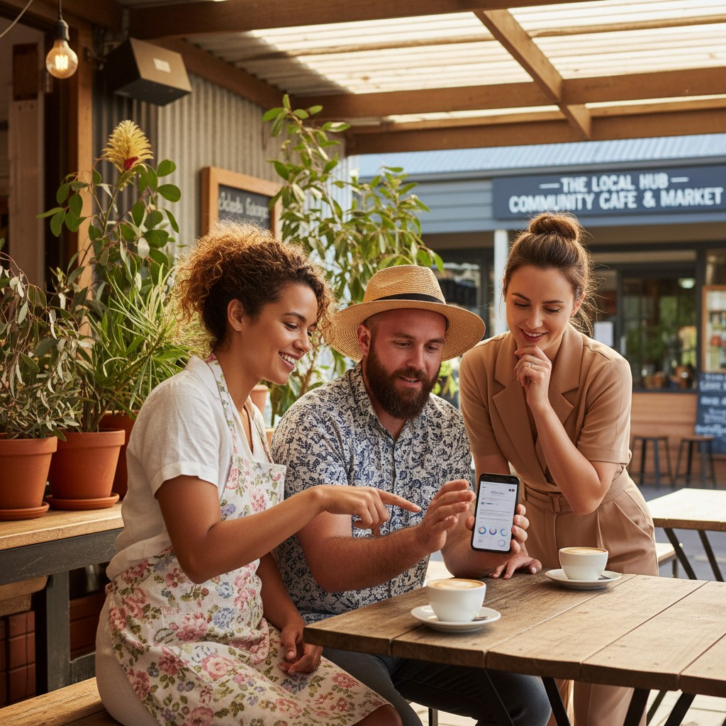 A high-quality photograph of a diverse group of Australian small business owners, perhaps a cafe owner, a boutique shop owner, and a service provider, attentively looking at a mobile phone screen together, perhaps discussing their website's performance. The setting should be authentically Australian, like a sunlit cafe with native plants in the background or an outdoor market stall, emphasizing connection and growth in a local context.