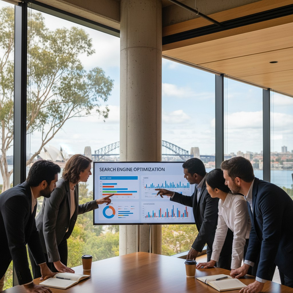 Realistic, high-quality photograph of a diverse group of Australian business owners, perhaps in a modern, light-filled office space with a subtle Australian landscape visible through a window (e.g., gum trees, distant Sydney Opera House), attentively looking at a data dashboard or a presentation about 'Search Engine Optimization' on a large screen, reflecting engagement and strategic decision-making. Natural lighting and a professional, collaborative atmosphere.