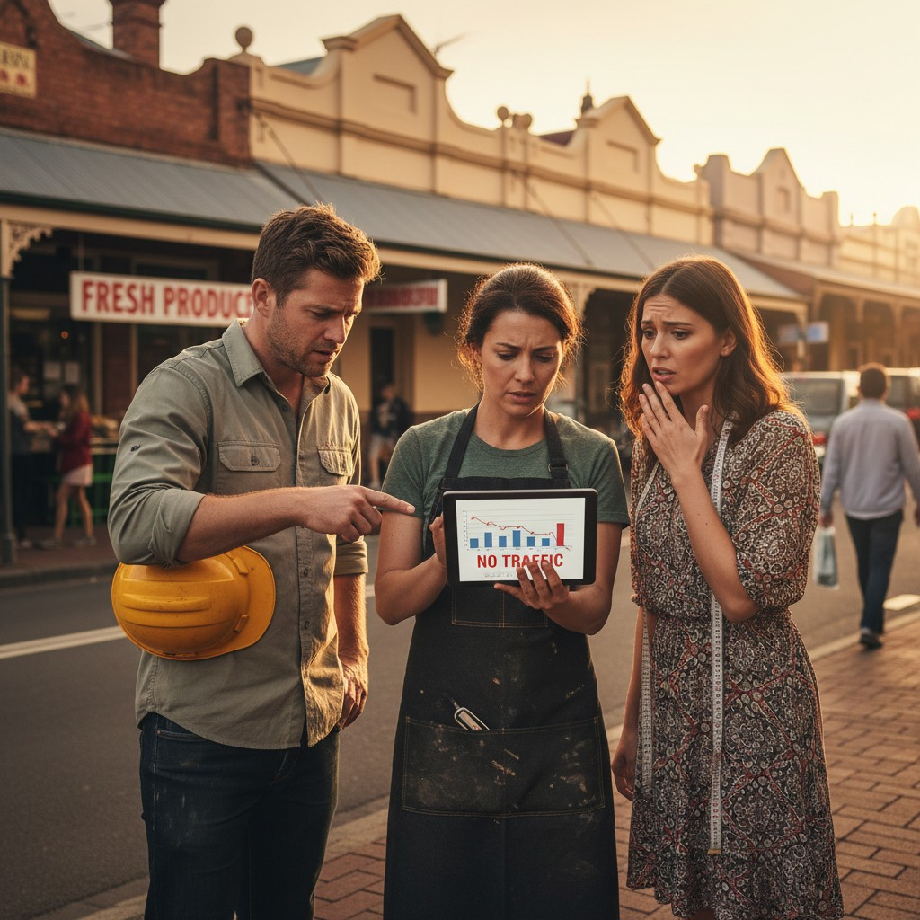 A realistic, high-quality photograph depicting a small group of diverse Australian small business owners (e.g., a café owner, a boutique shop owner, a tradesperson) looking concerned or overwhelmed while holding a tablet displaying confusing data or a 'no traffic' graph, set against a recognizable yet subtle Australian urban or suburban backdrop, like a bustling street with typical Aussie architecture or a local market. The lighting should be natural and warm, conveying a sense of genuine business struggle.