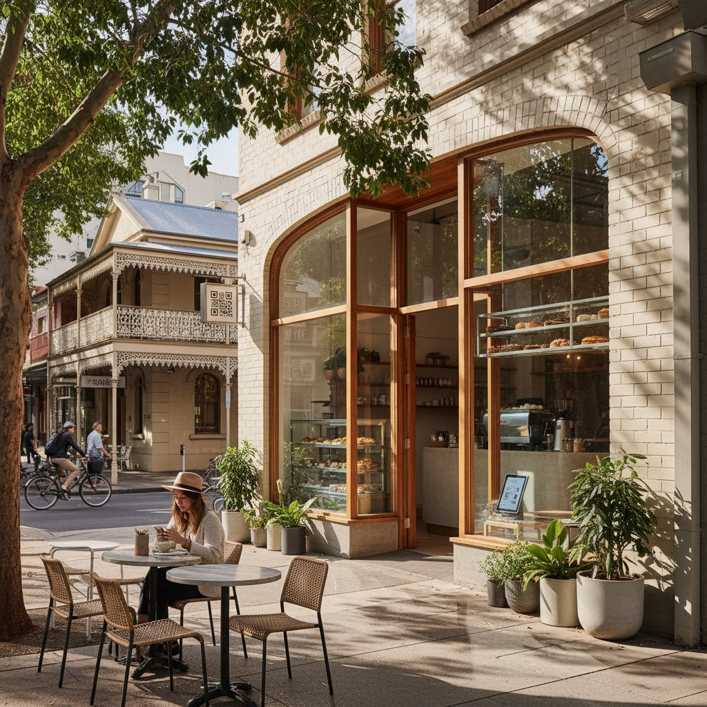 A high-quality, realistic photograph of a modern, stylish small Australian business storefront (e.g., a boutique, cafe, or artisanal shop) located on a vibrant, tree-lined street or bustling market in an Australian city or town. The scene should exude local charm and activity, with natural daylight illuminating the setting. Subtly visible digital elements, like a QR code on the window, a tablet on the counter, or a customer using a smartphone, can hint at online presence without being the main focus. No text on the image.