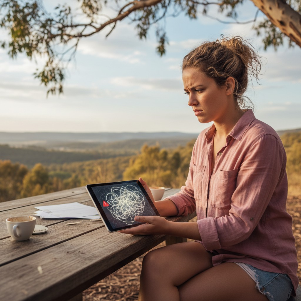 A realistic, high-quality photograph of a young Australian small business owner, looking slightly frustrated or puzzled, sitting with a laptop or tablet in a casual, sunlit setting. In the background, subtly blurred, is a recognizable natural Australian landscape or an urban Australian cafe scene. The focus is on the individual's expression and the device, suggesting a common online business challenge. Natural lighting, warm tones.