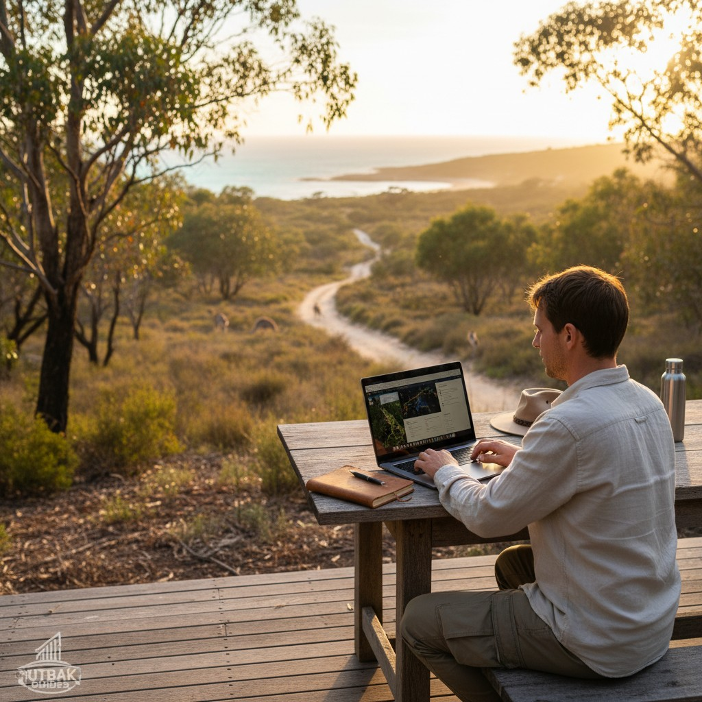A realistic, high-quality photograph illustrating focused digital work within a serene, distinctly Australian natural setting. A person is seen from behind or profile, sitting calmly at a simple wooden table outdoors, overlooking a sweeping view of the Australian bushland or a quiet coastline. They are engrossed in a laptop screen, subtly reflecting the vibrant outdoor light. The image captures a moment of strategic thinking and connection to the local environment, emphasizing the 'guide' aspect within an 'Outback' (broad natural landscape) context. Natural lighting, depth of field to highlight the person and laptop against the expansive Australian scenery.