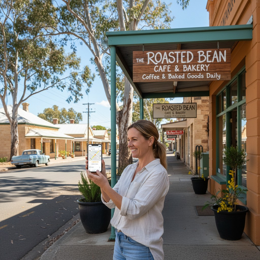 A realistic, high-quality photograph depicting a charming, sun-drenched street scene in an Australian regional town. A small, inviting local business, such as a bakery or a bookstore, is visible with its vibrant signage. In the foreground, a person, representing a local business owner or a satisfied customer, is smiling while looking at their smartphone, which displays a clear Google Maps interface or a local business listing for the featured shop, implying successful local discovery and interaction. The background includes iconic Australian elements like eucalyptus trees, a clear blue sky, and perhaps distinctive local architecture, conveying a sense of authentic Australian lifestyle and community.