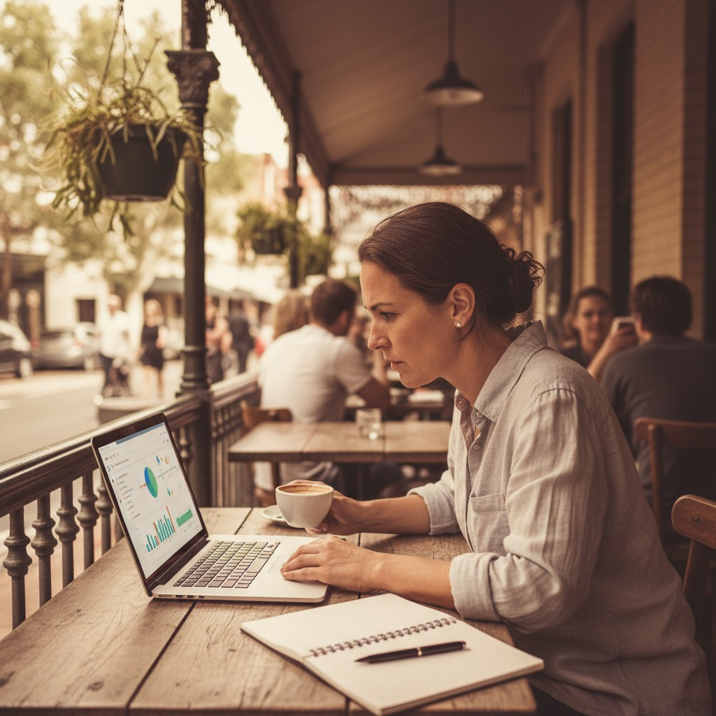 A realistic, high-quality photograph of a small business owner in a vibrant Australian cafe, intensely focused on a laptop screen displaying a keyword research tool interface, with a notepad and pen beside them. The background features blurred but recognizable elements of Australian urban life, like eucalyptus trees or classic veranda architecture, suggesting a local, bustling environment. Natural lighting, warm tones, and an authentic, candid feel. Avoid any text on the screen or notepad.