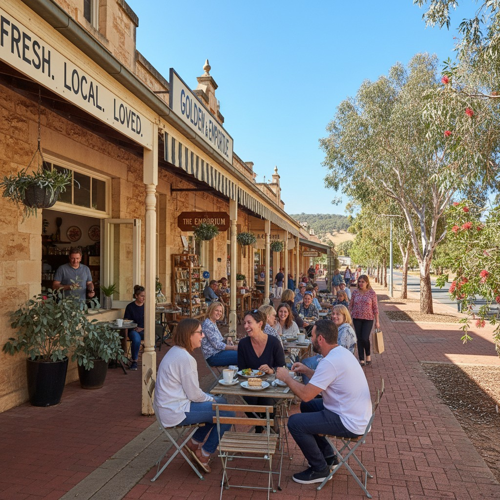 A wide-angle, realistic photograph of a thriving small Australian business located in a vibrant regional town. The shot captures the front of a busy local cafe or boutique with customers enjoying the sunny outdoor seating, hinting at success and community engagement. In the background, iconic Australian native trees like gum trees are visible, and the overall scene conveys a sense of growth and prosperity under a clear blue Australian sky. High-quality, natural light.
