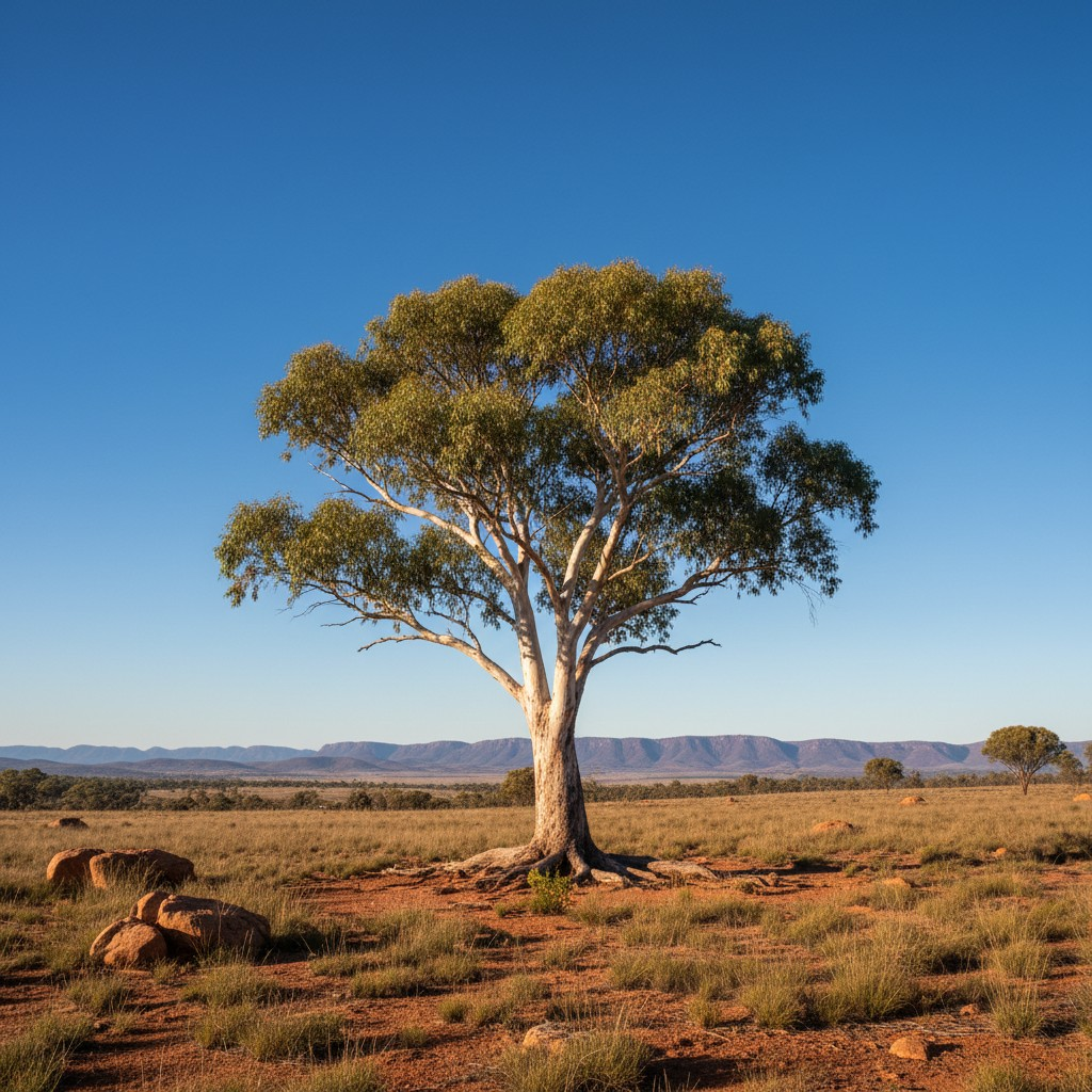 A single, strong, healthy native Australian tree (e.g., a Eucalyptus) standing tall and thriving in a vast, open Australian landscape, with a clear blue sky. The image should convey strength, stability, and natural growth, symbolizing a high-quality, impactful backlink. Focus on natural light and a realistic photographic style.