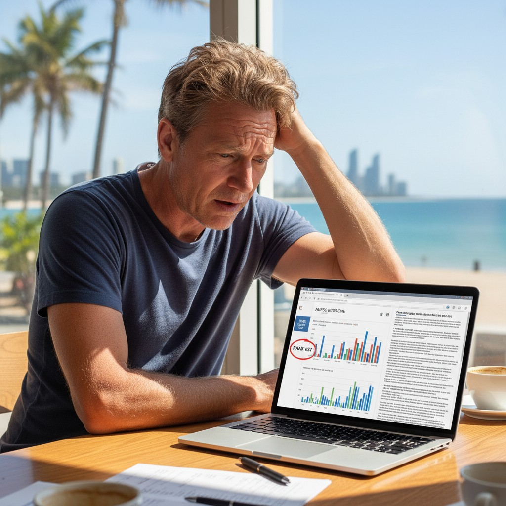 Realistic, high-quality photograph of an Australian small business owner looking frustrated and confused while staring at a laptop screen, which displays a low search engine ranking or a complex, jargon-filled SEO report. The setting is a bright, modern Australian cafe or small office, with natural light and perhaps a subtle glimpse of a coastal or urban Australian landscape through a window, emphasizing a relatable struggle with online visibility. Focus on the owner's genuine expression and the screen's unhelpful information.