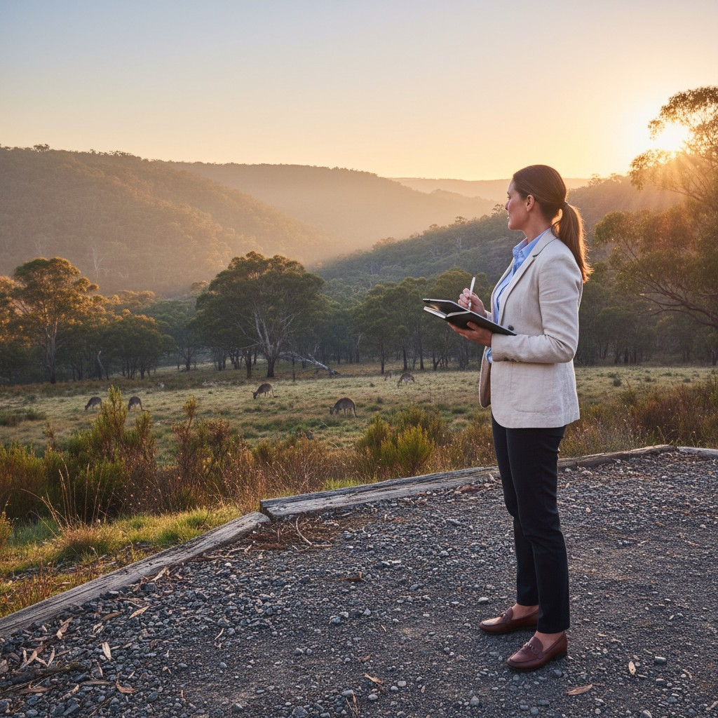 A realistic, high-quality photograph showing a business professional, dressed in smart casual attire, standing on a walking path overlooking a quintessential Australian landscape at sunrise – perhaps a valley with gum trees, kangaroos grazing in the distance, and a soft, golden light. The professional is thoughtfully gazing into the distance, perhaps holding a tablet or notebook, symbolizing strategic decision-making in an Australian business context. No text.