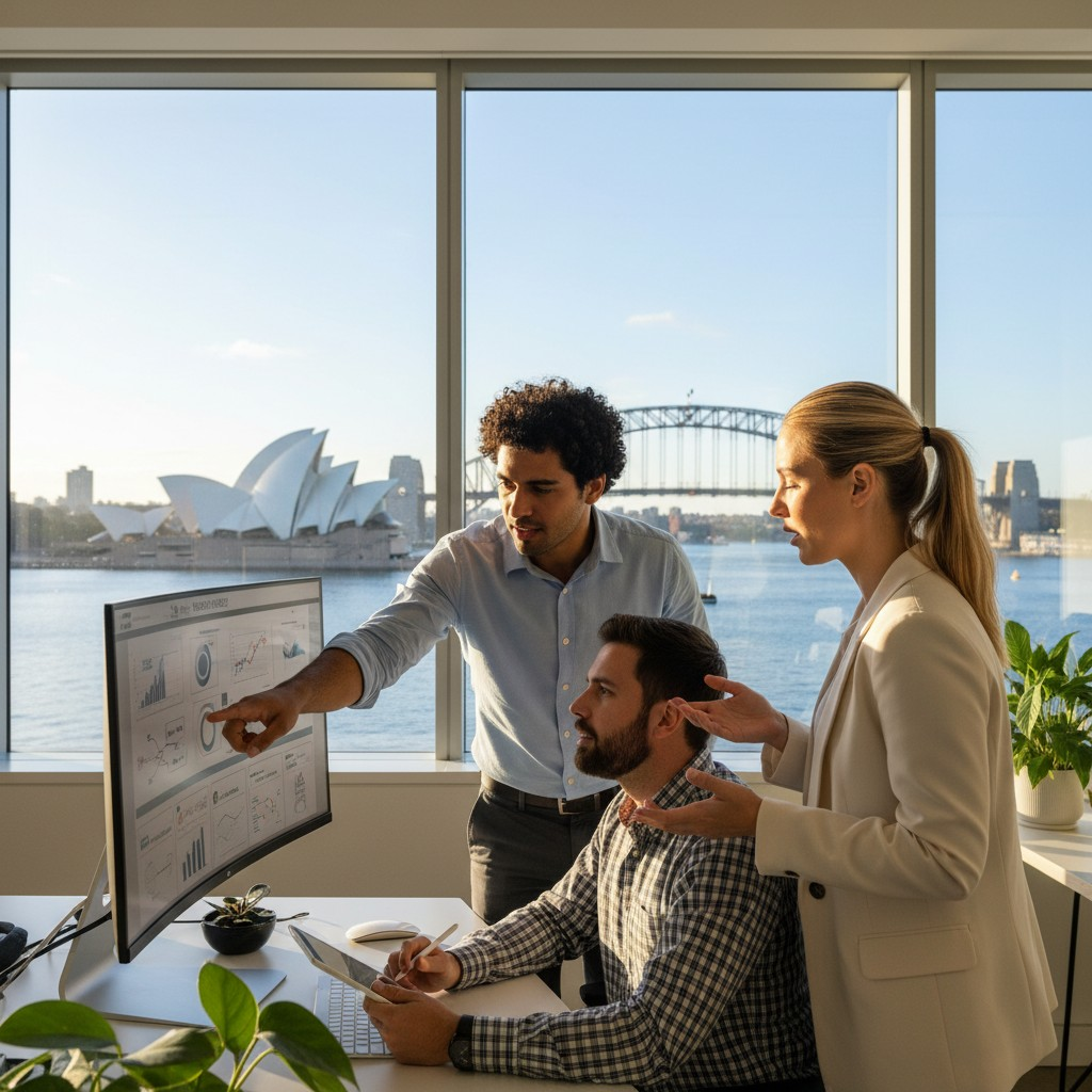 A realistic, high-quality photograph of a diverse group of young Australian professionals (3-4 people) collaborating intently around a large monitor in a modern, sunlit office. Through the large window behind them, the iconic Sydney Opera House and Harbour Bridge are clearly visible, bathed in the soft morning light. They are engaged, gesturing towards the screen, illustrating teamwork and digital strategy in an aspirational Australian urban setting.
