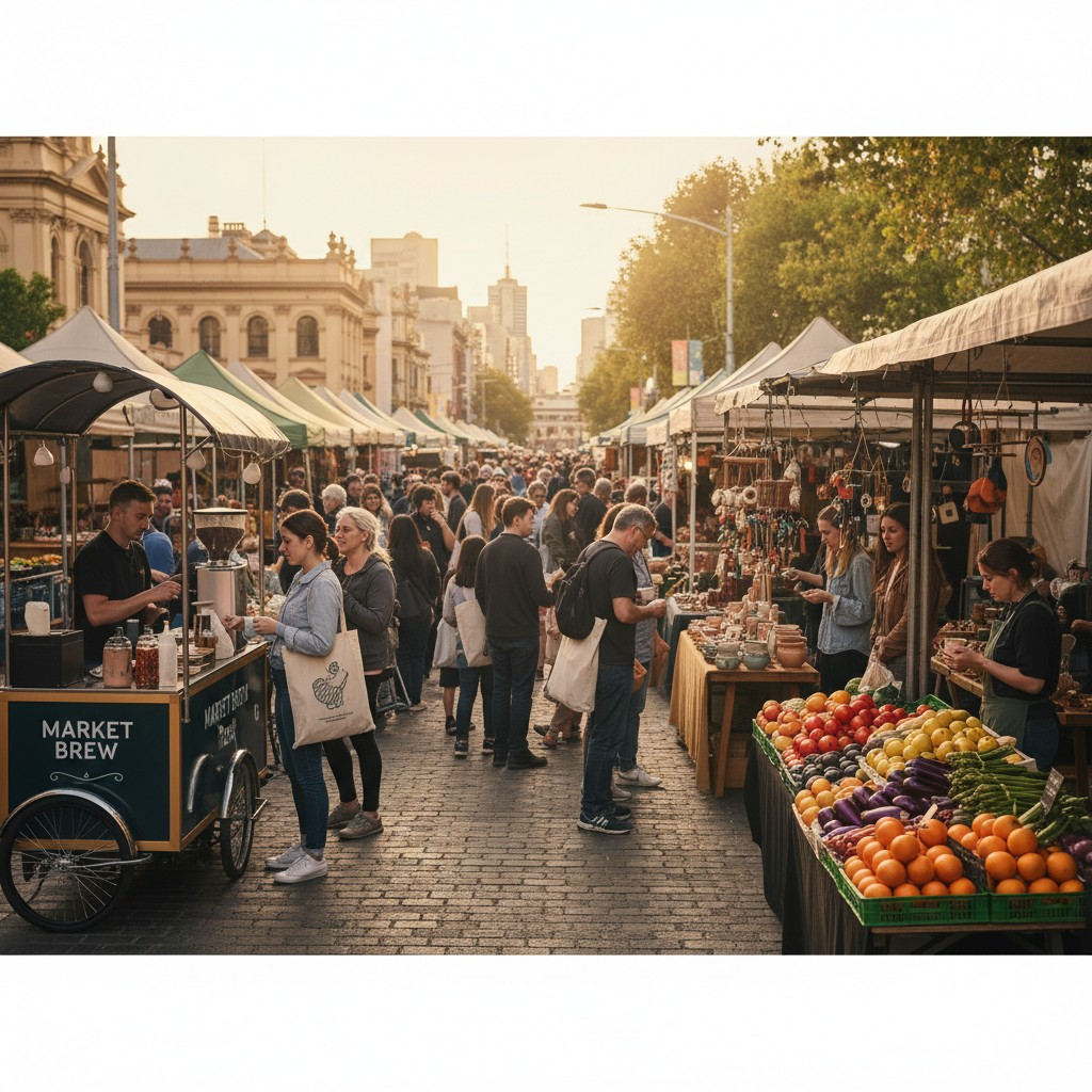 A realistic, high-quality photograph of a bustling, vibrant street market scene in a major Australian city (e.g., Melbourne's Queen Victoria Market or Sydney's Paddington Markets), with diverse small businesses clearly visible – a coffee cart, a fresh produce stall, a handmade craft vendor. The light is warm and inviting, capturing the natural energy of local commerce and community interaction. Focus on showing real people engaging with local businesses, implying visibility and activity. No text overlays.