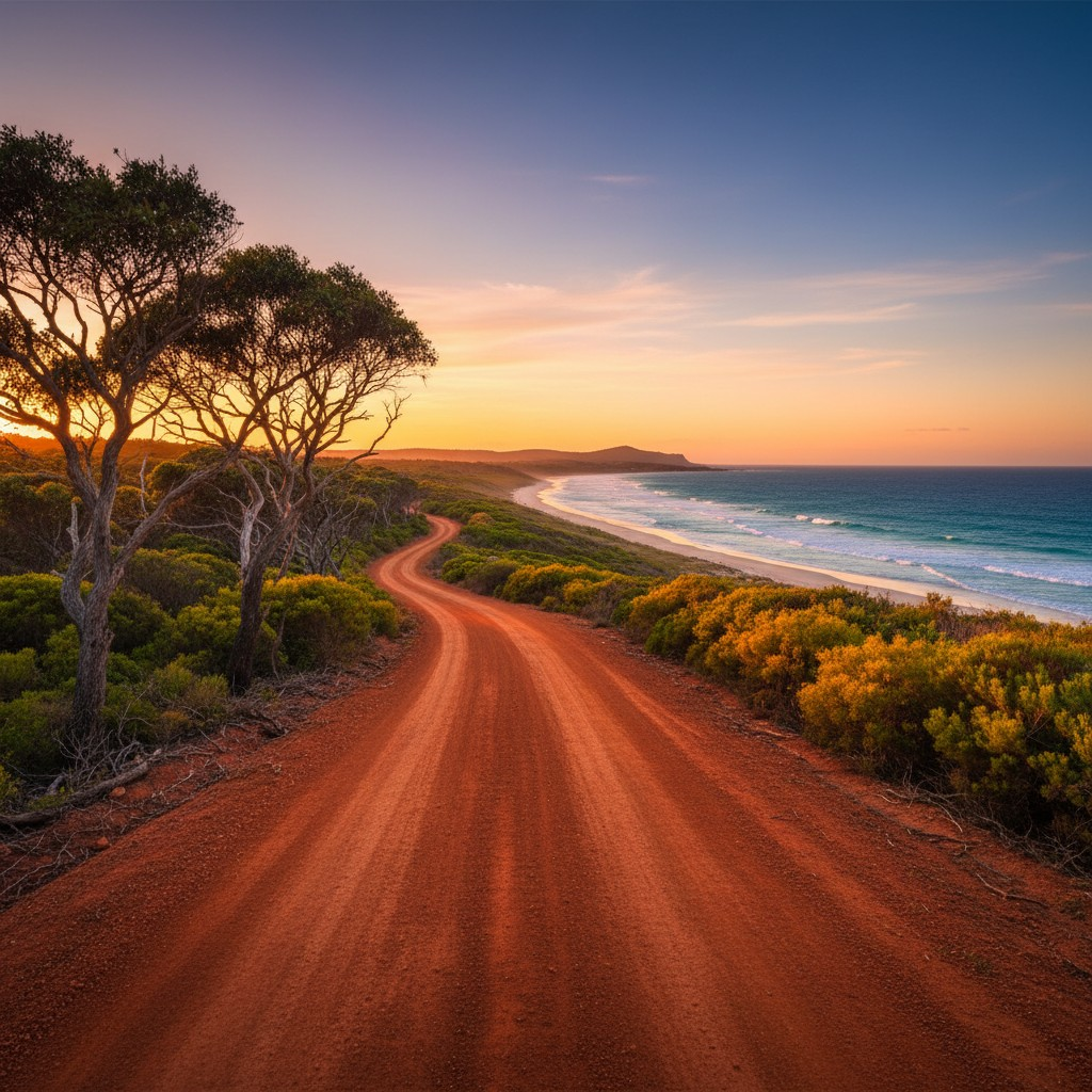 A realistic, high-quality photograph of a winding path or road stretching into the horizon through a vibrant Australian bushland or coastal landscape, symbolizing a journey of growth and optimization. The sun is either rising or setting, casting a warm, optimistic glow. Focus on natural light, rich colors of the Australian environment (e.g., gum trees, red earth, blue sky, or ocean). No people or explicit digital marketing elements, just the serene and expansive natural setting.
