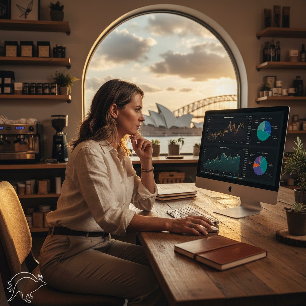 A high-quality, realistic photograph of a thoughtful Australian small business owner, possibly in their retail shop or office, looking at a computer screen displaying charts or data, with a subtle backdrop of an iconic Australian cityscape or natural landscape visible through a window, conveying contemplation about investment decisions.